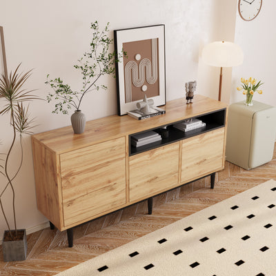Buffet / Armoire de Rangement Moderne en Bois Naturel avec 3 Portes, Étagères Réglables et Finition Noire (160x35x76cm) OMHAT