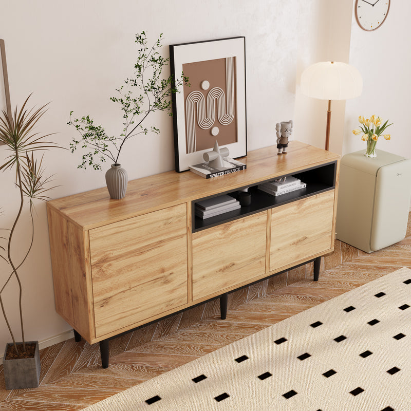 Buffet / Armoire de Rangement Moderne en Bois Naturel avec 3 Portes, Étagères Réglables et Finition Noire (160x35x76cm) OMHAT
