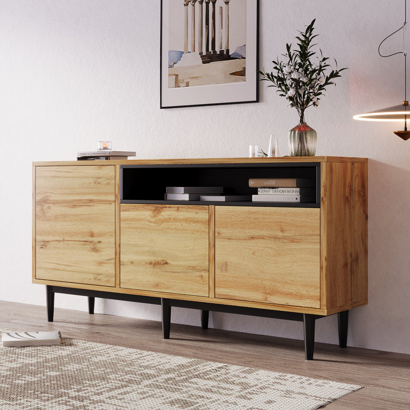 Buffet / Armoire de Rangement Moderne en Bois Naturel avec 3 Portes, Étagères Réglables et Finition Noire (160x35x76cm) OMHAT