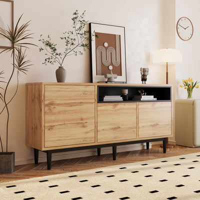 Buffet / Armoire de Rangement Moderne en Bois Naturel avec 3 Portes, Étagères Réglables et Finition Noire (160x35x76cm) OMHAT
