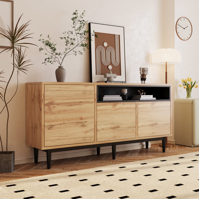 Buffet / Armoire de Rangement Moderne en Bois Naturel avec 3 Portes, Étagères Réglables et Finition Noire (160x35x76cm) OMHAT