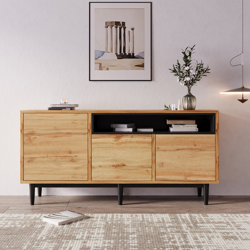 Buffet / Armoire de Rangement Moderne en Bois Naturel avec 3 Portes, Étagères Réglables et Finition Noire (160x35x76cm) OMHAT