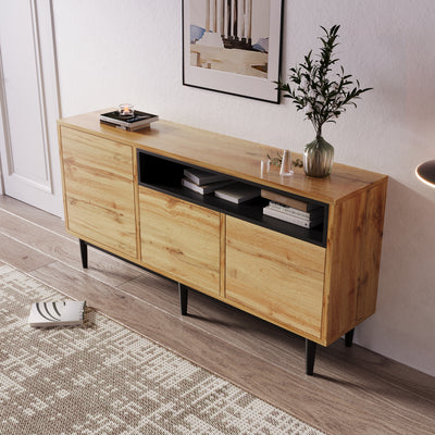 Buffet / Armoire de Rangement Moderne en Bois Naturel avec 3 Portes, Étagères Réglables et Finition Noire (160x35x76cm) OMHAT