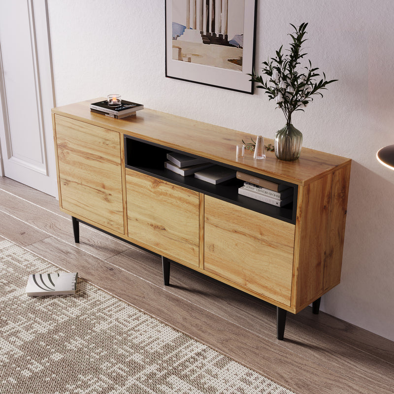 Buffet / Armoire de Rangement Moderne en Bois Naturel avec 3 Portes, Étagères Réglables et Finition Noire (160x35x76cm) OMHAT