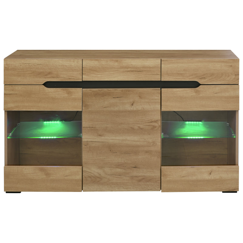 Buffet LED Chêne avec 3 Portes Vitrées et 3 Tiroirs - Design Moderne et Naturel KRANQRUK