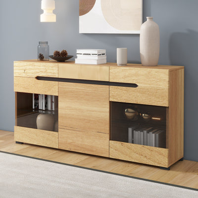 Buffet LED Chêne avec 3 Portes Vitrées et 3 Tiroirs - Design Moderne et Naturel KRANQRUK