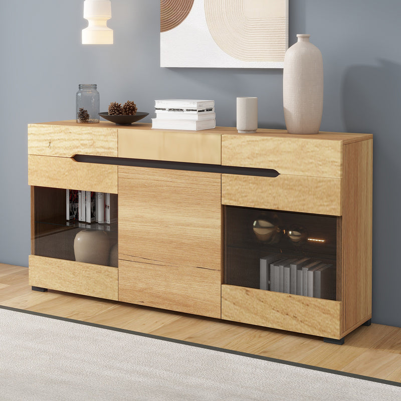 Buffet LED Chêne avec 3 Portes Vitrées et 3 Tiroirs - Design Moderne et Naturel KRANQRUK