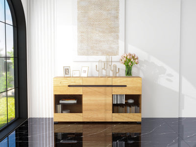 Buffet LED Chêne avec 3 Portes Vitrées et 3 Tiroirs - Design Moderne et Naturel KRANQRUK