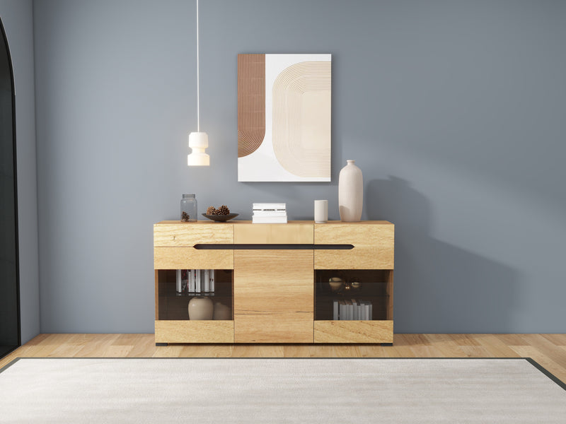 Buffet LED Chêne avec 3 Portes Vitrées et 3 Tiroirs - Design Moderne et Naturel KRANQRUK