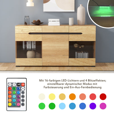 Buffet LED Chêne avec 3 Portes Vitrées et 3 Tiroirs - Design Moderne et Naturel KRANQRUK