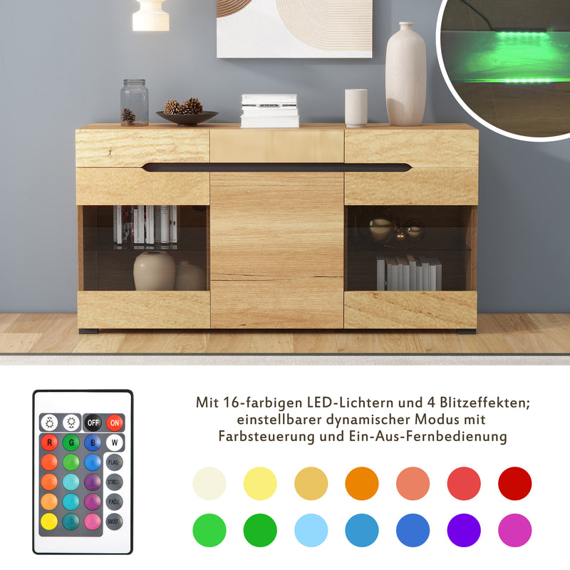 Buffet LED Chêne avec 3 Portes Vitrées et 3 Tiroirs - Design Moderne et Naturel KRANQRUK
