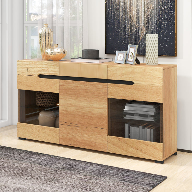 Buffet LED Chêne avec 3 Portes Vitrées et 3 Tiroirs - Design Moderne et Naturel KRANQRUK