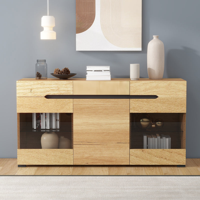 Buffet LED Chêne avec 3 Portes Vitrées et 3 Tiroirs - Design Moderne et Naturel KRANQRUK