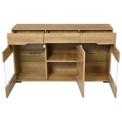 Buffet LED Chêne avec 3 Portes Vitrées et 3 Tiroirs - Design Moderne et Naturel KRANQRUK