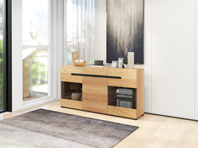 Buffet LED Chêne avec 3 Portes Vitrées et 3 Tiroirs - Design Moderne et Naturel KRANQRUK