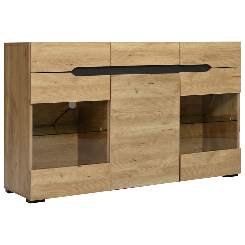 Buffet LED Chêne avec 3 Portes Vitrées et 3 Tiroirs - Design Moderne et Naturel KRANQRUK