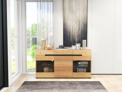 Buffet LED Chêne avec 3 Portes Vitrées et 3 Tiroirs - Design Moderne et Naturel KRANQRUK