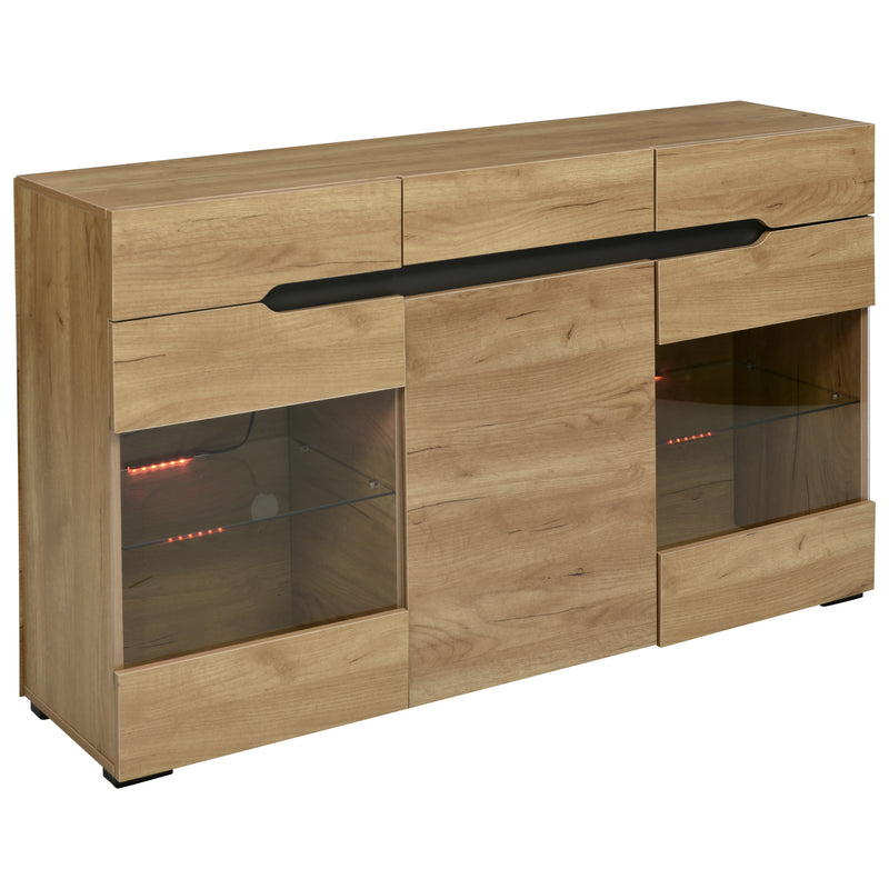 Buffet LED Chêne avec 3 Portes Vitrées et 3 Tiroirs - Design Moderne et Naturel KRANQRUK