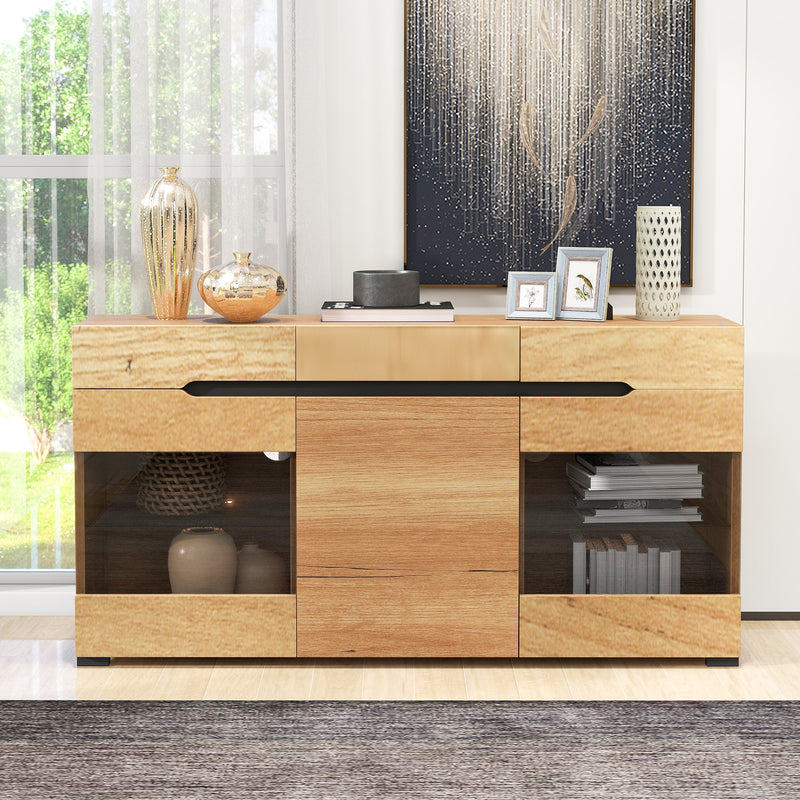 Buffet LED Chêne avec 3 Portes Vitrées et 3 Tiroirs - Design Moderne et Naturel KRANQRUK