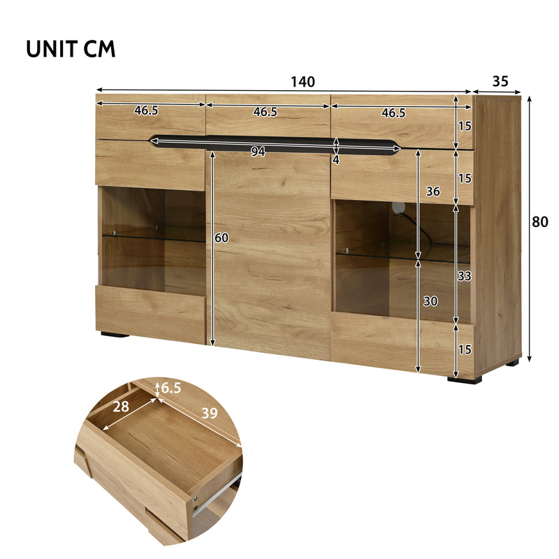 Buffet LED Chêne avec 3 Portes Vitrées et 3 Tiroirs - Design Moderne et Naturel KRANQRUK