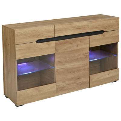 Buffet LED Chêne avec 3 Portes Vitrées et 3 Tiroirs - Design Moderne et Naturel KRANQRUK