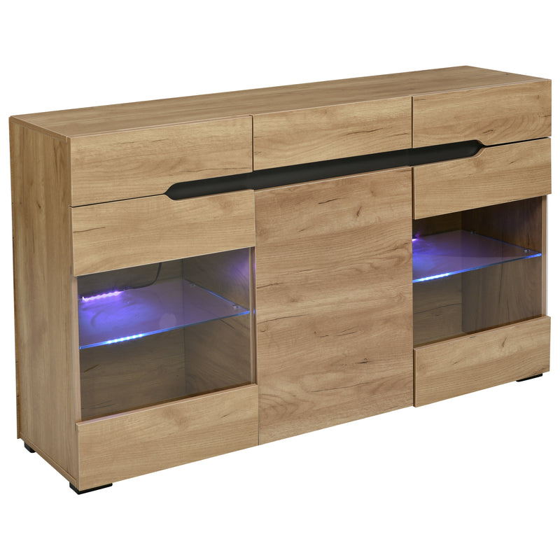 Buffet LED Chêne avec 3 Portes Vitrées et 3 Tiroirs - Design Moderne et Naturel KRANQRUK