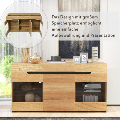 Buffet LED Chêne avec 3 Portes Vitrées et 3 Tiroirs - Design Moderne et Naturel KRANQRUK