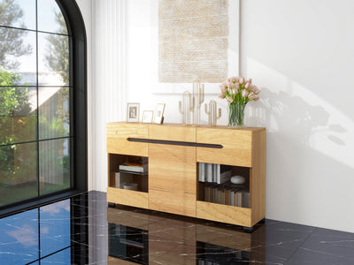 Buffet LED Chêne avec 3 Portes Vitrées et 3 Tiroirs - Design Moderne et Naturel KRANQRUK