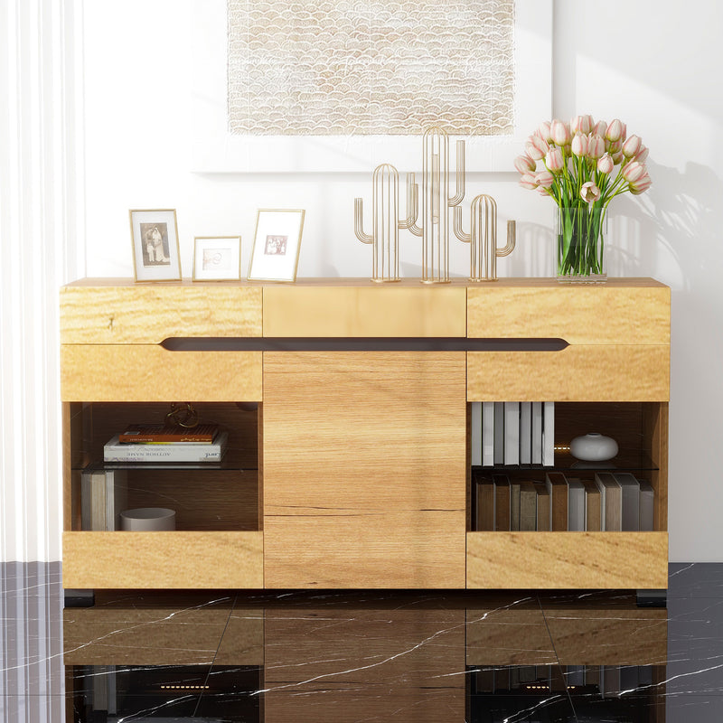 Buffet LED Chêne avec 3 Portes Vitrées et 3 Tiroirs - Design Moderne et Naturel KRANQRUK