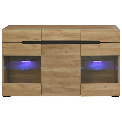 Buffet LED Chêne avec 3 Portes Vitrées et 3 Tiroirs - Design Moderne et Naturel KRANQRUK