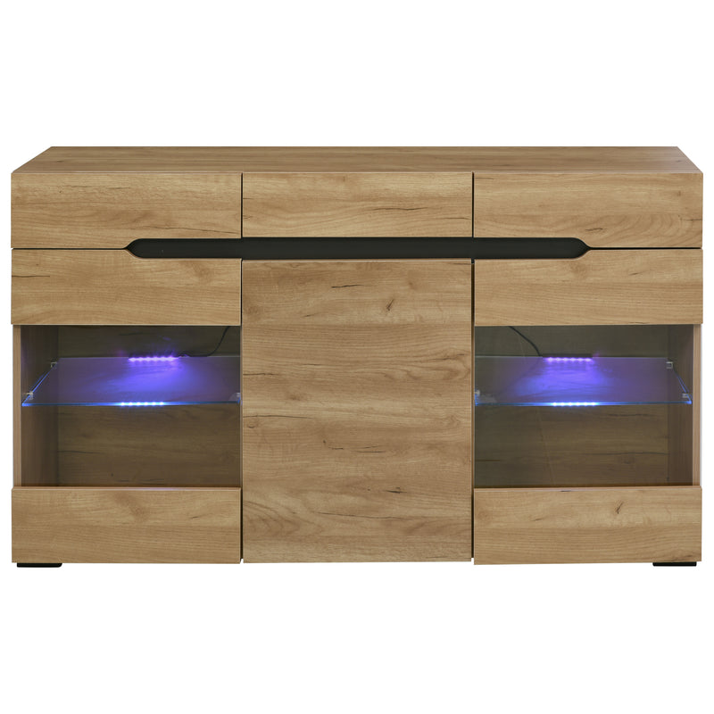 Buffet LED Chêne avec 3 Portes Vitrées et 3 Tiroirs - Design Moderne et Naturel KRANQRUK