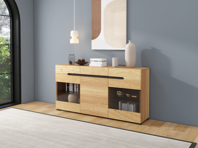 Buffet LED Chêne avec 3 Portes Vitrées et 3 Tiroirs - Design Moderne et Naturel KRANQRUK