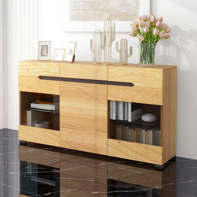 Buffet LED Chêne avec 3 Portes Vitrées et 3 Tiroirs - Design Moderne et Naturel KRANQRUK