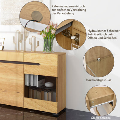 Buffet LED Chêne avec 3 Portes Vitrées et 3 Tiroirs - Design Moderne et Naturel KRANQRUK