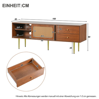 Meuble TV Moderne en Noyer et Rotin Synthétique avec Rangement Ajustable IZEID