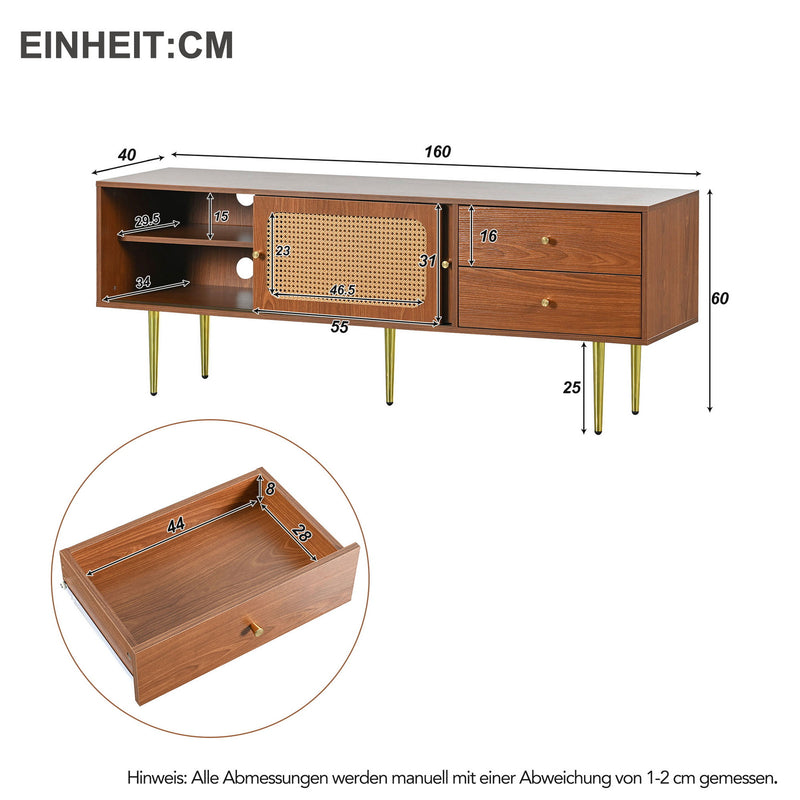 Meuble TV Moderne en Noyer et Rotin Synthétique avec Rangement Ajustable IZEID