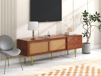 Meuble TV Moderne en Noyer et Rotin Synthétique avec Rangement Ajustable IZEID