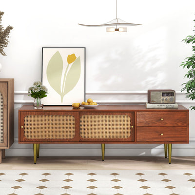 Meuble TV Moderne en Noyer et Rotin Synthétique avec Rangement Ajustable IZEID