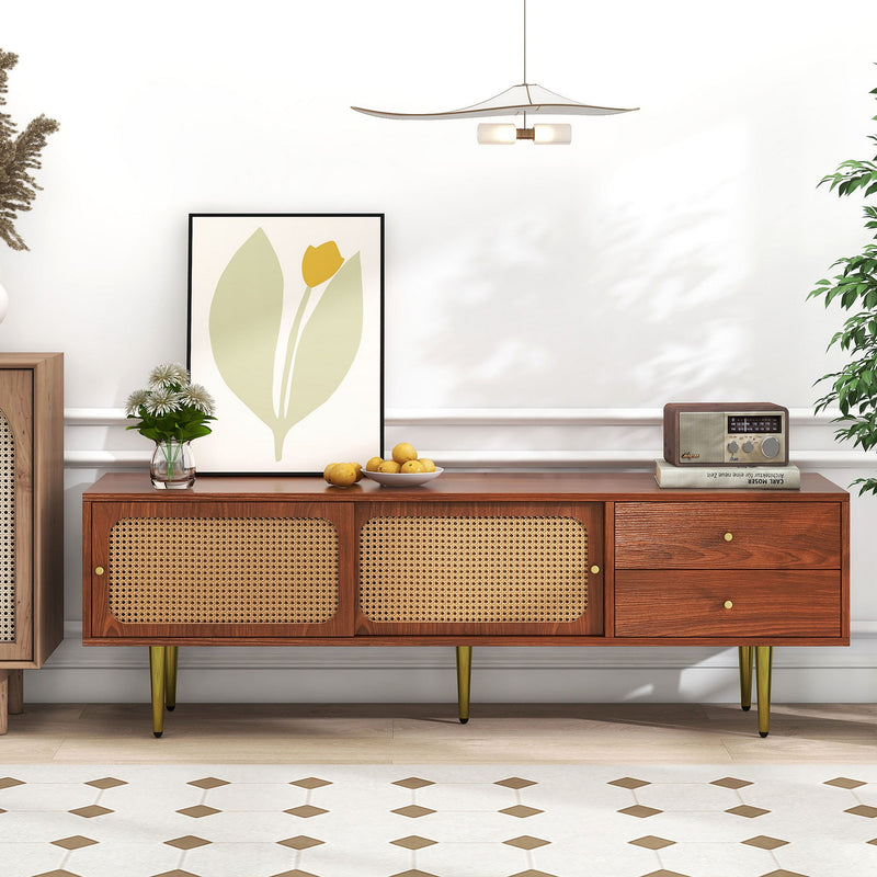 Meuble TV Moderne en Noyer et Rotin Synthétique avec Rangement Ajustable IZEID