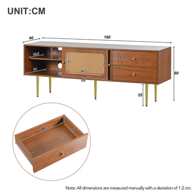Meuble TV Moderne en Noyer et Rotin Synthétique avec Rangement Ajustable IZEID