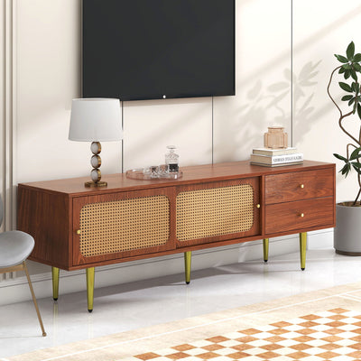 Meuble TV Moderne en Noyer et Rotin Synthétique avec Rangement Ajustable IZEID