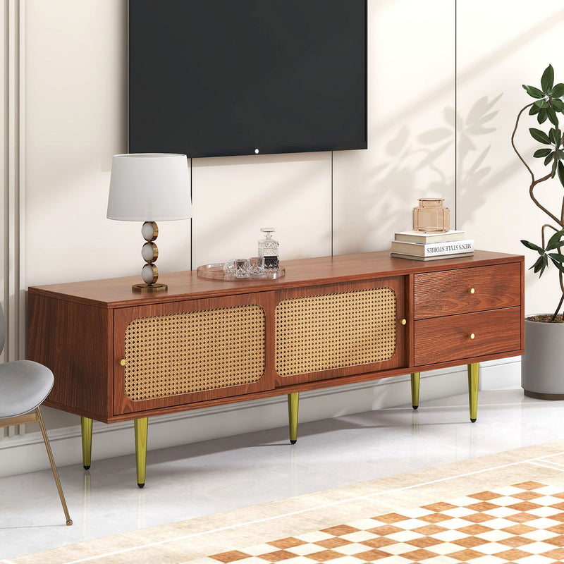 Meuble TV Moderne en Noyer et Rotin Synthétique avec Rangement Ajustable IZEID