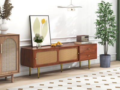 Meuble TV Moderne en Noyer et Rotin Synthétique avec Rangement Ajustable IZEID