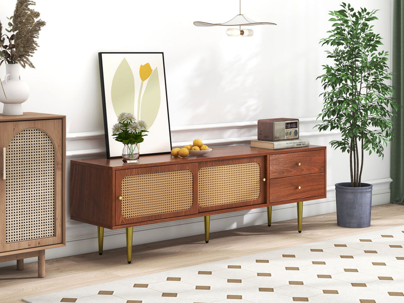Meuble TV Moderne en Noyer et Rotin Synthétique avec Rangement Ajustable IZEID