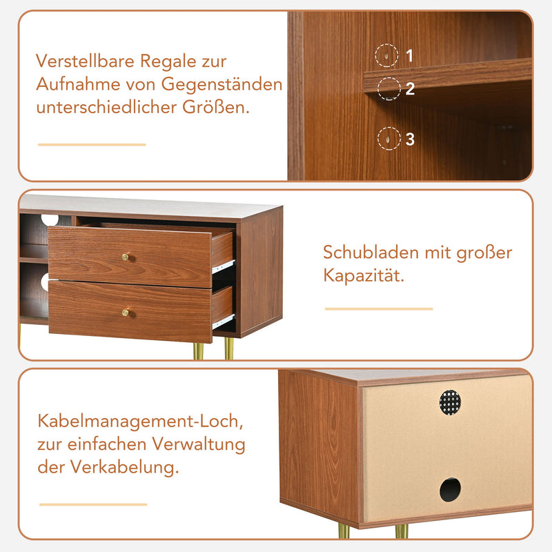 Meuble TV Moderne en Noyer et Rotin Synthétique avec Rangement Ajustable IZEID