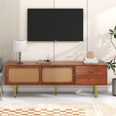 Meuble TV Moderne en Noyer et Rotin Synthétique avec Rangement Ajustable IZEID