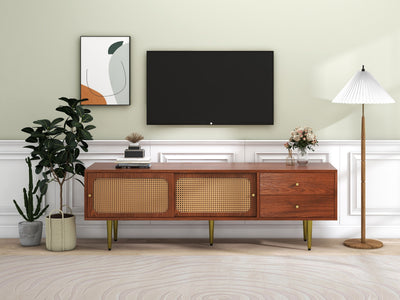 Meuble TV Moderne en Noyer et Rotin Synthétique avec Rangement Ajustable IZEID