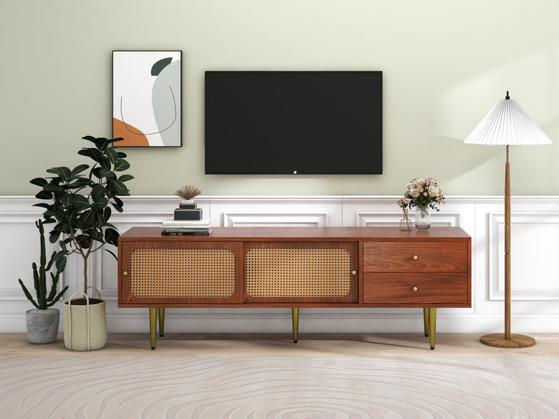Meuble TV Moderne en Noyer et Rotin Synthétique avec Rangement Ajustable IZEID