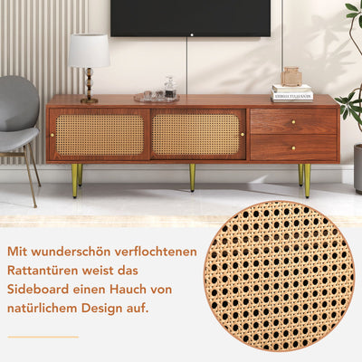 Meuble TV Moderne en Noyer et Rotin Synthétique avec Rangement Ajustable IZEID