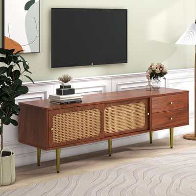 Meuble TV Moderne en Noyer et Rotin Synthétique avec Rangement Ajustable IZEID